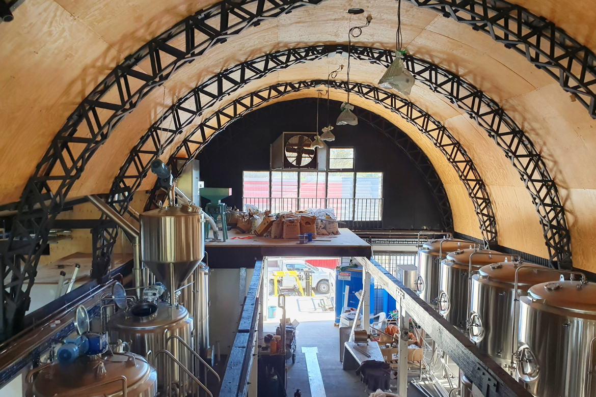 View of the brewhouse from the mezzanine level.