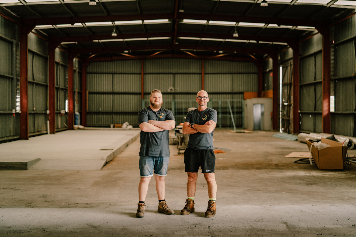 Daniel Venema and Phil Sharp, in the empty shed before it became Hiker Brewing Concern.